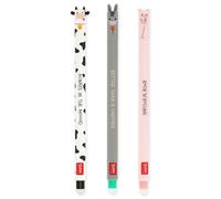 LEGAMI Erasable Gel Pen - Set of 3 Pens with Thermosensitive Erase Ink, 0.7mm Tip, Range of Ink Colours - Black, Green & Pink - Animal Farm Yard Theme - Cow, Donkey and Pig Designs