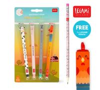 Legami Set of 4 Farm Sweet Farm Erasable Gel Pens, Pens with Erasable Thermosensitive Ink, Black, Pink, Green, Red, Erase Without Using Up the Paper, 0.7 mm Tip