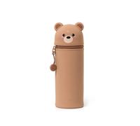 Legami - 2 in 1 Pencil Case in Soft Silicone, Kawaii, 6,3x18,5 cm, Teddy Bear Theme, Pencil Case and Desk Pen Holder, Retractable Capacity, Zipper Closure