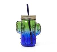 Legami - Glass Cup with Stopper and Straw, Cheers, 11x14.5 cm, Cactus Theme, Mug with Handle in The Shape of a Fat Plant, Stainless Steel Lid, Screw Cap, Reusable Straw