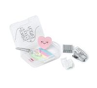 Legami - Mini Stationery Set, 6 Accessories in Mini Format: Scissors, Rubber, Page Marker, Adhesive Tape with Dispenser, Stapler and Metallic Stitches, 7x10.5 cm, Practical box to carry