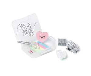 Legami - Mini Stationery Set, 6 Accessories in Mini Format: Scissors, Rubber, Page Marker, Adhesive Tape with Dispenser, Stapler and Metallic Stitches, 7x10.5 cm, Practical box to carry