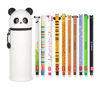LEGAMI - Set of 10 Erasable Gel Pens + Panda 2-in-1 Pencil Case - with Thermosensitive Erase Ink, Range of ink colours & barrel designs, 0.7mm Tip