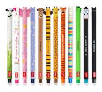 LEGAMI - Set of 12 Erasable Gel Pens with Thermosensitive Erase Ink, Range of ink colours & barrel designs, 0.7mm Tip, Animal Designs