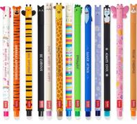 LEGAMI Set of 13 Erasable Gel Pens with Thermosensitive Eraser Ink, Assorted Ink Colours and Barrel Designs, 0.7mm Tip, Animal