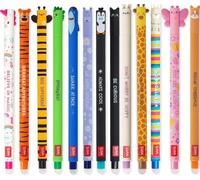Legami Set of 13 Erasable Gel Pens with Thermosensitive Eraser Ink, Various Ink Colors and Shaft Designs, 0.7 mm Tip, Animal Motifs