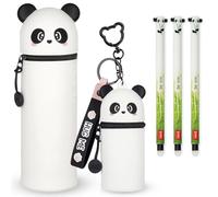LEGAMI Set of 3 Erasable Gel Pens + 2-in-1 Kawaii Pencil Case + Coin Purse Key Chain Gift Set | Cute Fun Animal Theme Designs (Panda)