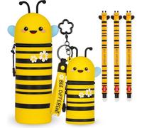 LEGAMI Set of 3 Erasable Gel Pens + 2-in-1 Kawaii Pencil Case + Coin Purse Key Chain Gift Set | Cute Fun Animal Theme Designs (Bee)