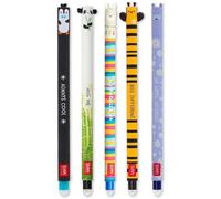 LEGAMI - Set of 5 Erasable Gel Pens with Thermosensitive Erase Ink, Range of ink colours & barrel designs, 0.7mm Tip, Penguin, Panda, Llama, Bee, & Hippo