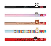Legami - Set of 5 Lovely Friends, Panda, Kitty, Teddy Bear, Ladybug, Llama, Gel Pens with Removable and Recombinable Decorative Animal, Prevents Rolling, 0.5 mm Tip