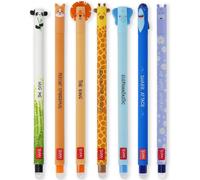 LEGAMI - Set of 7 Erasable Gel Pens with Thermosensitive Erase Ink, Range of ink colours & barrel designs, 0.7mm Tip, Panda, Corgi, Lion, Giraffe, Elephant, Shark, Hippo Designs