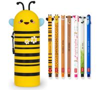 LEGAMI - Set of 7 Erasable Gel Pens + 2-in-1 Pencil Case Pen Pot - with Thermosensitive Erase Ink, Range of ink colours & barrel designs, 0.7mm Tip (Bee)
