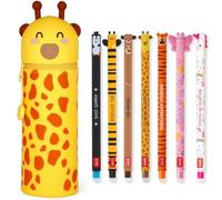 LEGAMI - Set of 7 Erasable Gel Pens + 2-in-1 Pencil Case Pen Pot - with Thermosensitive Erase Ink, Ink colours & barrel designs, 0.7mm Tip, Set 2 (Giraffe)