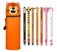LEGAMI - Set of 7 Erasable Gel Pens + 2-in-1 Pencil Case Pen Pot - with Thermosensitive Erase Ink, Ink colours & barrel designs, 0.7mm Tip, Set 2 (Tiger)