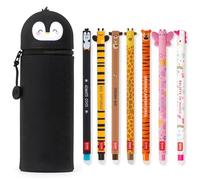LEGAMI - Set of 7 Erasable Gel Pens + 2-in-1 Pencil Case Pen Pot - with Thermosensitive Erase Ink, Ink colours & barrel designs, 0.7mm Tip, Set 2 (Penguin)