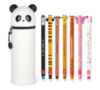 LEGAMI - Set of 7 Erasable Gel Pens + 2-in-1 Pencil Case Pen Pot - with Thermosensitive Erase Ink, Ink colours & barrel designs, 0.7mm Tip, Set 2 (Panda)