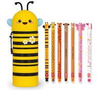 LEGAMI - Set of 7 Erasable Gel Pens + 2-in-1 Pencil Case Pen Pot - with Thermosensitive Erase Ink, Range of ink colours & barrel designs, 0.7mm Tip (Bee)