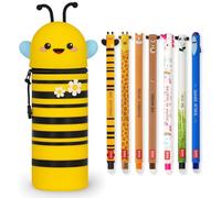 LEGAMI - Set of 7 Erasable Gel Pens + 2-in-1 Pencil Case Pen Pot - with Thermosensitive Erase Ink, Range of ink colours & barrel designs, 0.7mm Tip (Bee)