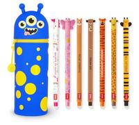 LEGAMI - Set of 7 Erasable Gel Pens + 2-in-1 Pencil Case Pen Pot - with Thermosensitive Erase Ink, Range of ink colours & barrel designs, 0.7mm Tip (Monster)