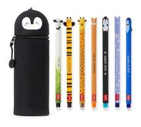 LEGAMI - Set of 7 Erasable Gel Pens + Penguin 2-in-1 Pencil Case - with Thermosensitive Erase Ink, Range of ink colours & barrel designs, 0.7mm Tip
