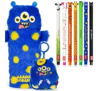 LEGAMI Set of 7 Erasable Gel Pens + Super Soft Pencil Case + Plush Key Chain Gift Set | Back to School Stationery for Kids, Teens, & Students | Cute Animal Theme Designs (Monster)