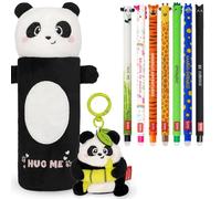 LEGAMI Set of 7 Erasable Gel Pens + Super Soft Pencil Case + Plush Key Chain Gift Set | Back to School Stationery for Kids, Teens, & Students | Cute Animal Theme Designs (Panda)