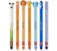 LEGAMI - Set of 7 Erasable Gel Pens with Thermosensitive Erase Ink, Range of ink colours & barrel designs, 0.7mm Tip, Panda, Corgi, Lion, Giraffe, Elephant, Shark, Hippo Designs