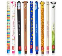 LEGAMI Set of 9 Erasable Gel Pens with Different Animal Designs: Shark, Giraffe, Panda, Lama, Unicorn, Bunny, Penguin, Teddy Bear and Monster
