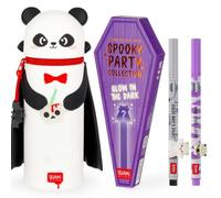 LEGAMI Spooky Party Halloween Pen Set & Panda Vampire Silicone Pencil Case | 3 Pens, Surprise Limited Edition Halloween Design, Glow In The Dark Details, Removable Charms, Convertible Desk Pen Holder