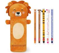 LEGAMI Super Soft Pencil Case & Erasable Gel Pens | Set of 5 Cute Animal Pens with Thermosensitive Ink + Plush Pencil Case | Back to School Supplies for Girls, Boys, Kids & Teens (Lion)