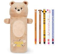 LEGAMI Super Soft Pencil Case & Erasable Gel Pens | Set of 5 Cute Animal Pens with Thermosensitive Ink + Plush Pencil Case | Back to School Supplies for Girls, Boys, Kids & Teens (Teddy Bear)