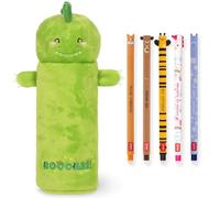 LEGAMI Super Soft Pencil Case & Erasable Gel Pens | Set of 5 Cute Animal Pens with Thermosensitive Ink + Plush Pencil Case | Back to School Supplies for Girls, Boys, Kids & Teens (Dino)