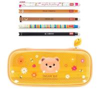 Legami - Wonderwow Teddy Bear Pencil Case, 2 Compartments and Inner Pen Holder, Mesh Inner Compartment + Set of 5 Animal Shaped Pens with Heat Sensitive Ink