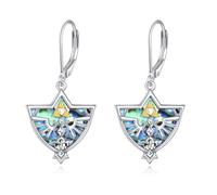Legend of Zelda Triforce Shield Dangle Earrings, 925 Sterling Silver Earrings for women, Abalone Shell Inlay, Leverback Drop Earrings for women