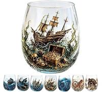 Legendary Ocean Treasure Crystal Whiskey Glass,Coastal Gothic Printed Stemless Wine Glass,Embossed Octopus Sea Monster Whiskey Tumbler for Rum,Unique Kraken Drinkware (F)