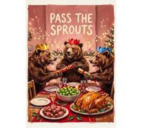 Legends Gallery Bears Pulling Crackers Wall Art Print - Funky Bears Christmas Dinner Pass the Sprouts Print - Dining Room Wall Decor - A4 Unframed