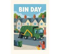 Legends Gallery Bin Lorry on Collection Day Wall Art Print - Friendly flat mid-century children's-book illustration in lorry green, bin grey and brick red - Kids Bedroom Wall Decor - A4 Unframed