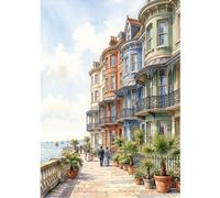 Legends Gallery Bow-Fronted Victorian Terrace on the Promenade Wall Art Print - Flat Vector, Cream and Wrought-Iron Black - Living Room Wall Decor - A4 Framed