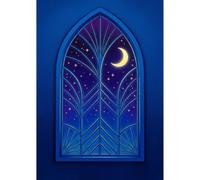 Legends Gallery Crescent Moon Wall Art Print - Dreamy Neo Deco Arched Window Night Sky in Cobalt and Butter Yellow - Bedroom Living Room Decor - A4 Framed