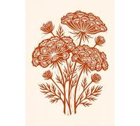 Legends Gallery Queen Anne's Lace Cluster Linocut Wall Art Print | Warm Terracotta & Cream Botanical Poster - A4 Framed