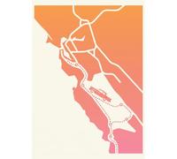 Legends Gallery Vintage road-trip map with dotted route line - Mid-century flat-shape silhouette Wall Art Print | Sunset gradient (orange/pink) - A4 Unframed