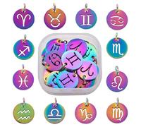 LEGENTLISUR 24Pcs 12 Zodiac Constellation Charms Flat Round Rainbow Stainless Steel Charms for Jewelry Making Bracelets Necklaces DIY Astrological Pendants
