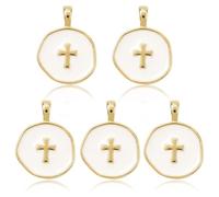 LEGENTLISUR 5Pcs Enamel Cross Charms for Jewellery Making White Religious Christian Charms Flat Round Brass Crosses Pendants for Rosary Bracelets Necklaces Making DIY