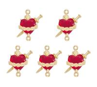 LEGENTLISUR 5Pcs Heart Connector Charms Bulk with Sword Red Charms for Jewellry Making Zirconia Link Charm with Real 16K Gold Plated for DIY Necklace Bracelet Jewellry Making