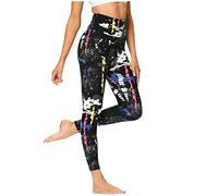 Legging for Women UK Black Graffiti Print Pattern Splice Elastic Sculpting New Yoga Pants Ankle Length Seamless Slim Hip Covering High Waist Abdomen Trouser Casual Compression Control Gym Tights Sales