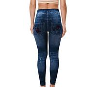 Legging for Women UK Plus Size Faux Denim Floral Printed Jeans Pants Sexy Thin with Pocket Zip Button Distressed Design Yoga Pants Slim High Waist Hip Lift Sport Trouser Sale Clearance