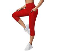 Leggings 3/4 Women's High Waisted Honeycomb Bubble Yoga Pants Plain Breathable Quick Drying Capri Trousers Outdoor Stretch Slim Comfortable Sports Leggings with Pockets, S-XXL, red, M