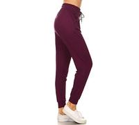 Leggings Depot Women's Printed Solid Activewear Jogger Track Cuff Sweatpants, Wine, Large