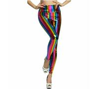 Leggings For Women UK High Waisted Ladies Shiny Rainbow Retro Style Metallic Leggings Fancy Dress Disco Pants Shiny Wet Look Rainbow Print Party Wear Womens 16-18