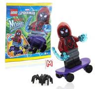 LEGO Marvel Superheroes Spider-Man Across The Spider-Verse Minifigure - Miles Morales Minifigure with Skateboard, Spider, Cool Web Blasts, and Minifigureland Tile 76178